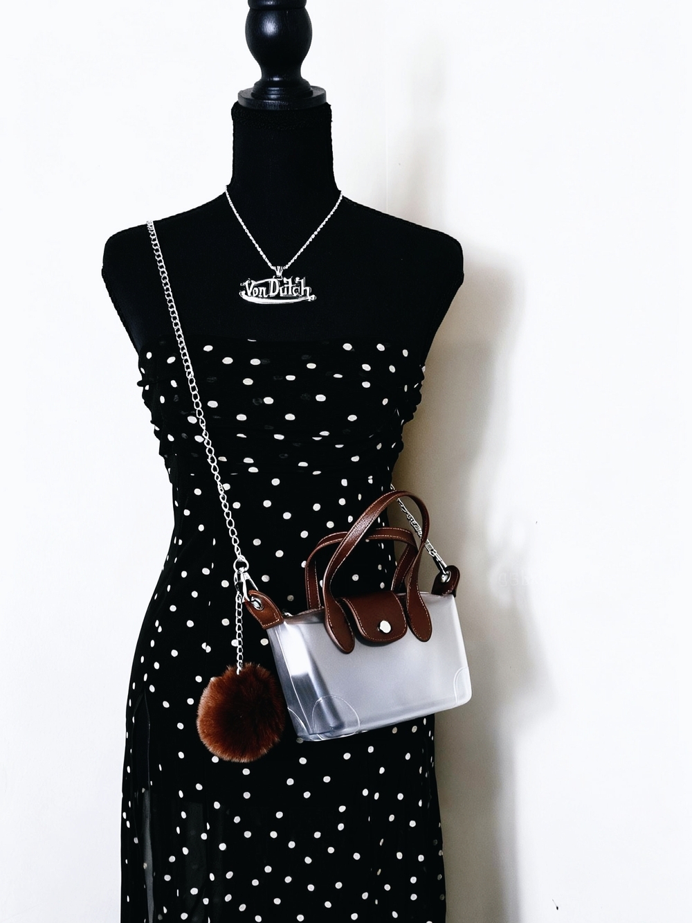 Clear Crossbody Tote with Brown Trim and Pom Charm